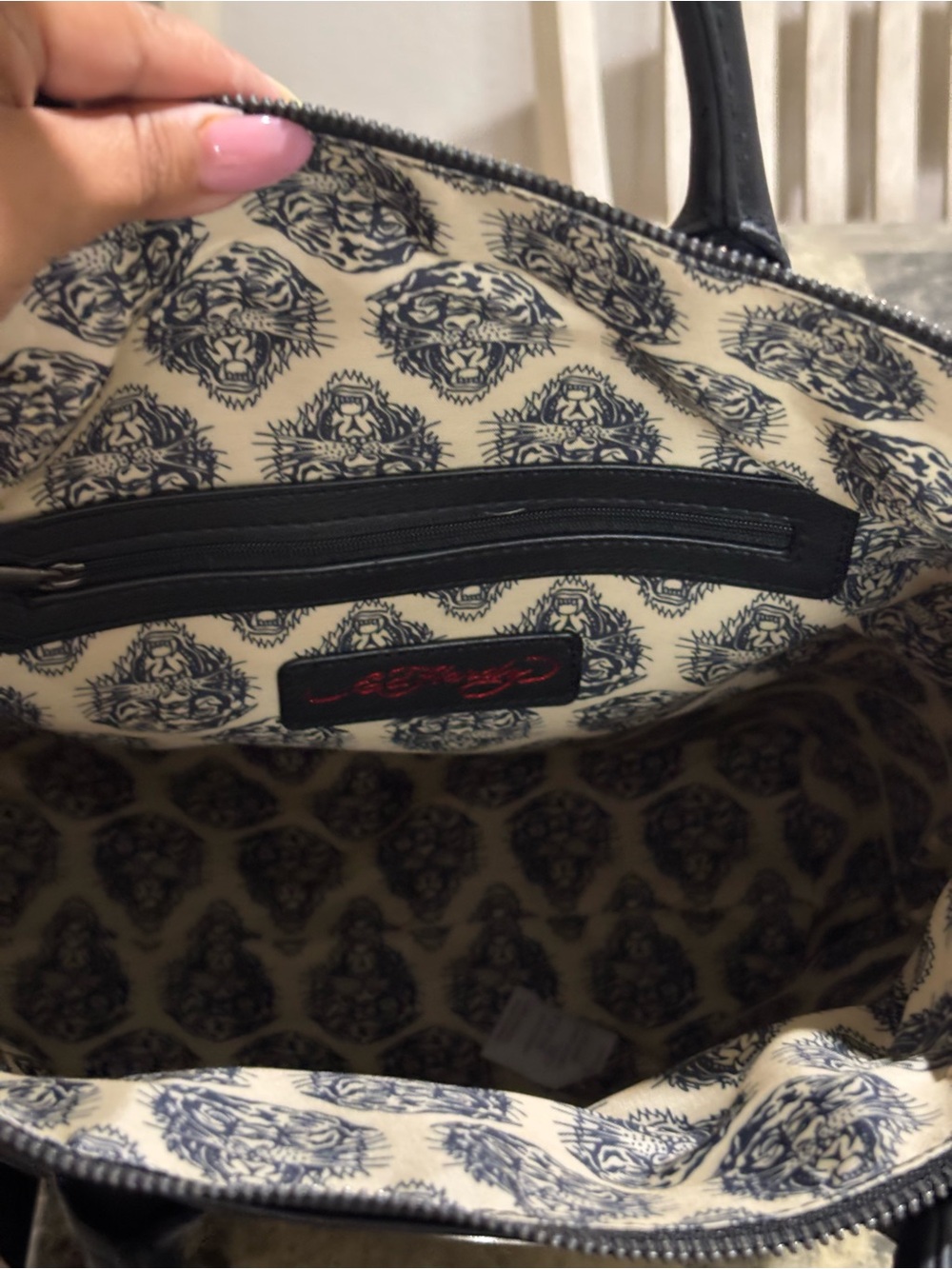 Ed Hardy Silver Metallic Backpack with Black Handles and Red Accents - Picture 9 of 15